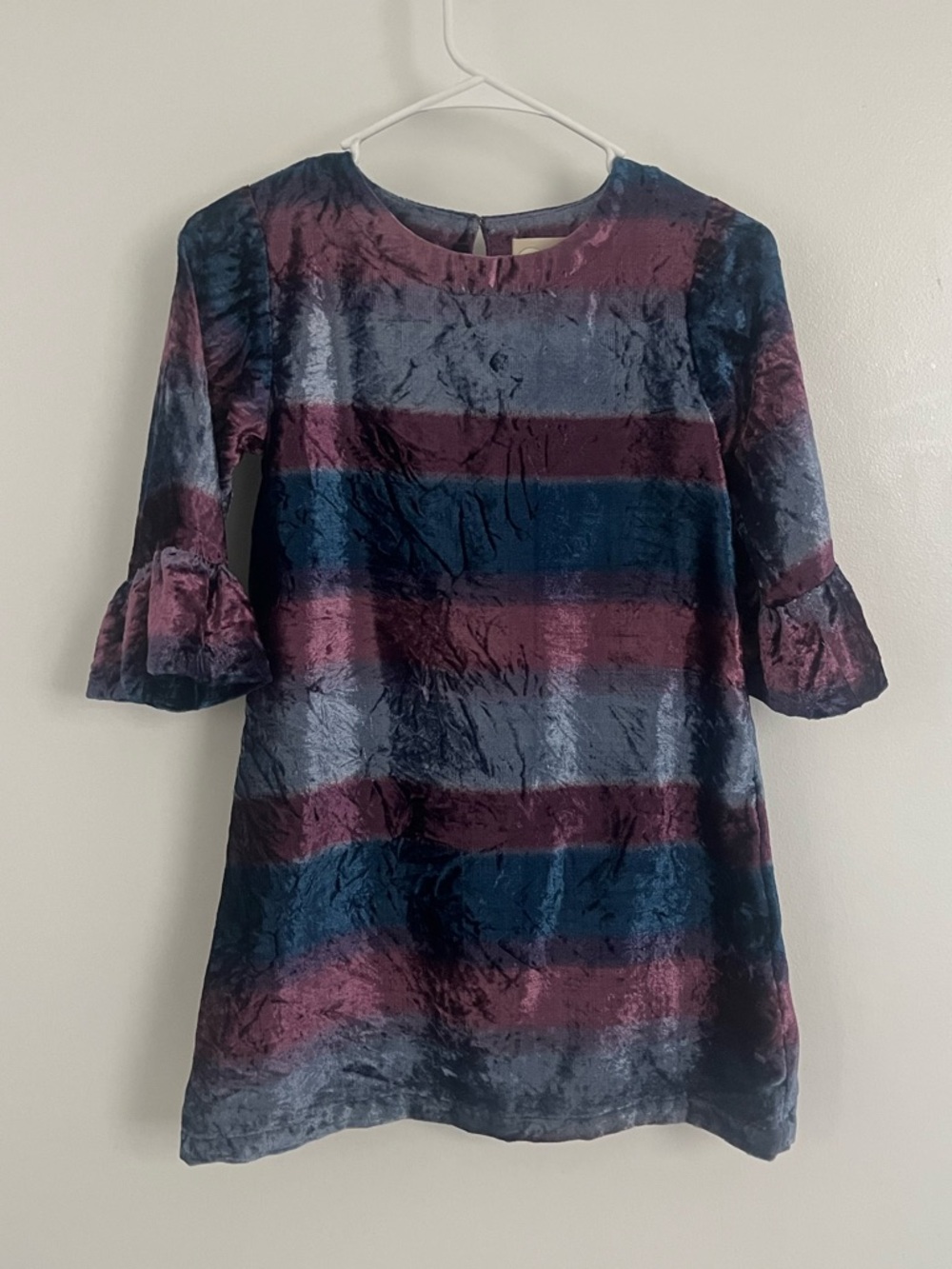 Peek Velvet Shift Dress in Blue and Purple with Bell Sleeves Shiny
